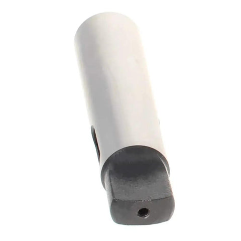Close-up of Morse taper adapter, 3/4 reducing drill sleeve, metal silver body with dark end cap for lathes and drill presses