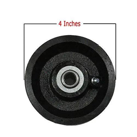 Front view of Beefy Heavy Duty Cast Iron V Groove Wheel Set for Residential Rolling Gates, 4 Inch size, with roller bearing.