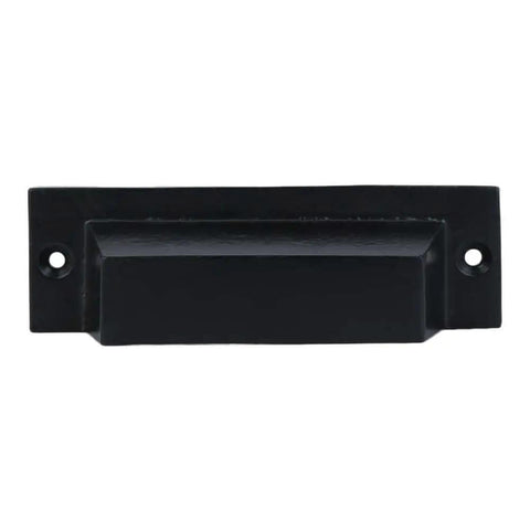 Front view of a black cast iron drawer pull, part of a set of 10 industrial cast iron drawer pulls in black for cabinets, doors, bins, and cupboards.