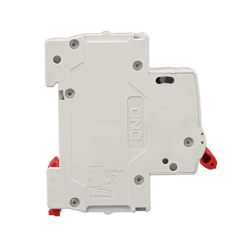 Side view of 63 Amp Two Pole DIN Rail Mount AC Circuit Breaker With Thermal Magnetic Trip 120V 240V Curve C Solar Disconnect MCB.