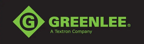 Greenlee logo on a black background, highlighting the brand name in green with a diamond-shaped emblem next to text 'A Textron Company.'