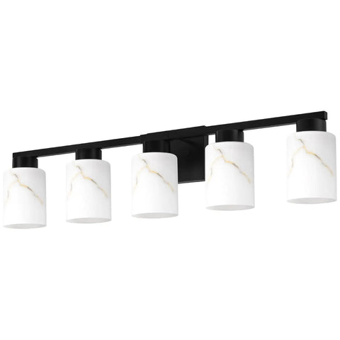 Five Light Modern Vanity Light Fixture In Black Metal With White Marble Glass E26 Base Sleek Minimalist Bathroom Vanity Wall Lamp