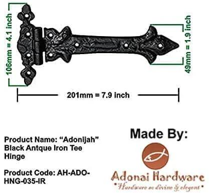 Antique Cast Iron Strap T Hinge 7.9 Inch Two Pack Matte Black For Barn Doors Gates Kitchen Cabinets Sheds Wooden Box Furniture Cedar Chest And Trunks Durable Finish Rust Resistant Quality, with Adonai Hardware branding.