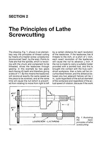 Page from Screwcutting In The Lathe For Home Machinists A No Nonsense Real World Guide To Imperial And Metric Threads Pitches And Diameters All Thread Forms Made Easy Fox Chapel Publishing showing principles of lathe screwcutting with diagram.