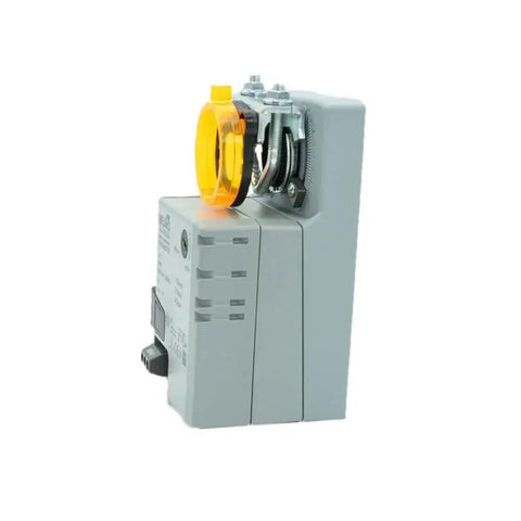 Front view of Belimo 90 Second, 45 in-lb actuator with yellow manual override ring on a grey housing