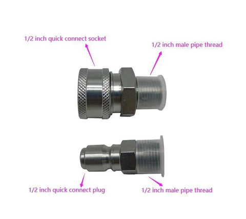 Stainless Steel Quick Connect Kit for Pressure Washer Half Inch NPT Male Thread Fittings 5000 PSI Two Piece Set with plug and socket