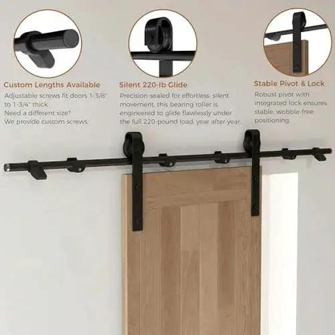 Heavy Duty Barn Door Hardware Kit With 200cm Rail System, Industrial Grade Steel Track And Quiet Nylon Rollers, Supports Up To 330 Lbs, For Interior Doors, Smooth Sliding, Easy Installation installed on a wooden door