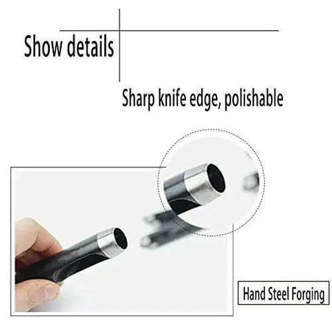 Close-up of Multi Size Round Hole Punch Cutter Set showing sharp knife edge and polishable design, ideal for DIY leatherwork and craft projects.