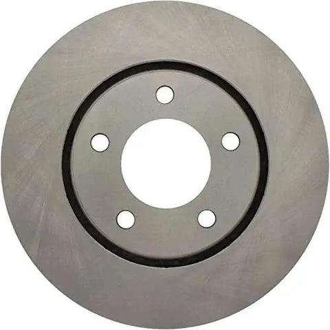 Front brake rotor for Chrysler/Dodge vehicles with five lug holes and center bore, metallic gray.