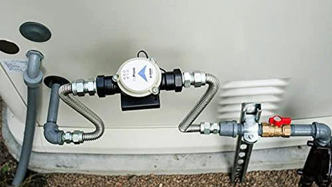 Dormont Flo-Pro MD 3-in-1 gas flow and pressure tool on a gas line, 3/4 in female NPT, stainless braided hoses.