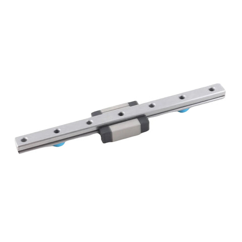 100mm aluminum linear rail guide with sliding carriage; silver rail, gray block, blue rollers