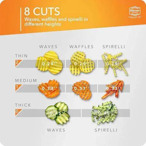 Chart showing 8 cut styles by thickness using Wave Waffle PowerLine Veggie Slicer for Crinkle Cut, Waffle and Spirelli Styles