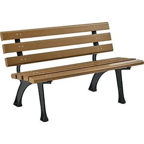 Brown wooden bench with black metal legs, three slatted backrest and two slatted seat, suitable for gardens or parks.