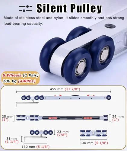 Close-up of a pulley mechanism for the Ultra Smooth Soft Close Aluminum Sliding Door Track Kit with dimensions shown.