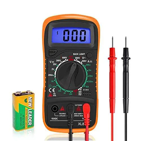 All In One Digital Multimeter Voltmeter Kit With LCD Display For AC DC Voltage And Current, Resistance, Continuity, Diodes, Battery Test, And Included Test Leads showing front view with test leads and battery.