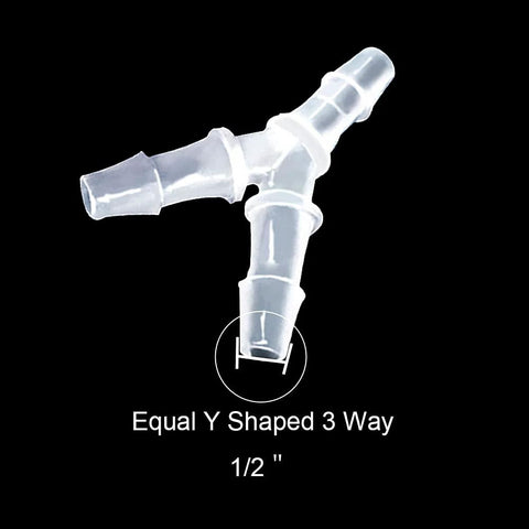1/2 in hose barb Y-shaped plastic fitting; 3-way tubing connector, transparent.