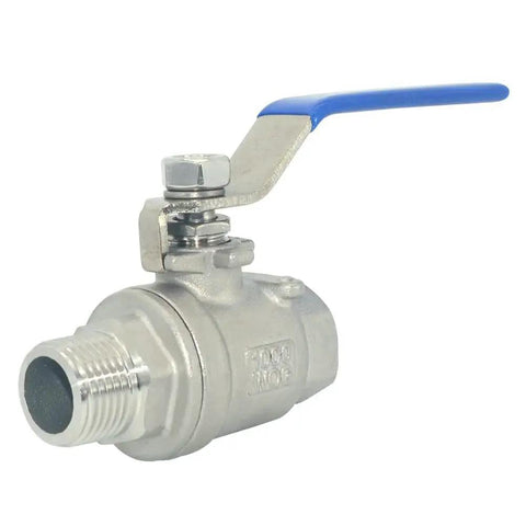 Full Port Stainless Steel Ball Valve One Half Inch Male To Female NPT 304 Stainless Steel, 1000WOG, Heavy Duty Workhorse with blue handle.