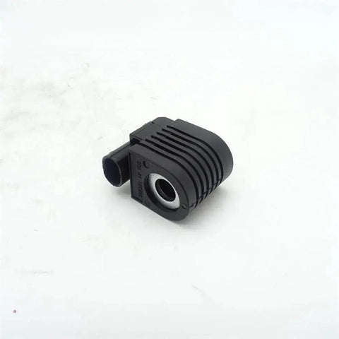 Solenoid valve coil for loader skid-steer; angled front view, black ribbed housing with electrical connector