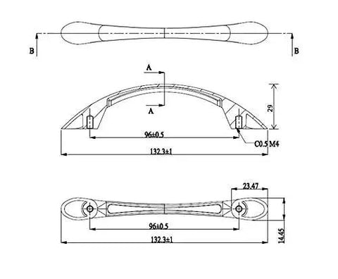 Technical drawing of Charleston Collection Three Quarter Inch Center To Center Matte Black Modern Arched Cabinet And Drawer Pull Handle