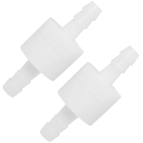 Two white inline PVDF plastic check valves, 1/4 inch barb fittings, non-return valves for fuel, oil, water, air systems