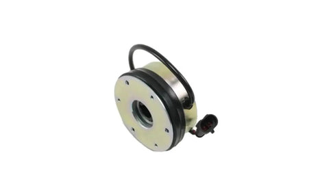 Angled view of an electromagnetic brake assembly with round metal housing, central bore, and side electrical connector