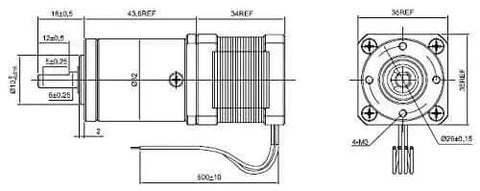 Technical drawing of Beefy Torque NEMA 14 Stepper Motor With 50.9:1 Planetary Gearbox For CNC And Robotics, front and side views.