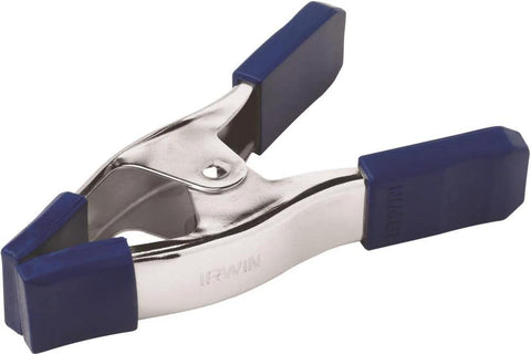 IRWIN Quick-Grip metal spring clamp, 2-inch, chrome body with blue plastic grips.