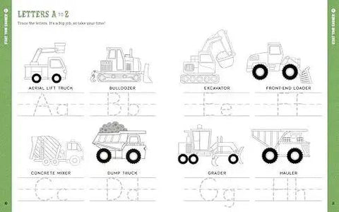 Page from Busy Preschool Builders Learn With Trucks Tools And Mighty Machines In A Fun Construction Site Activity Book For Kid Friendly Hands And Curious Minds Ages 3 To 5 showing vehicle tracing activities.