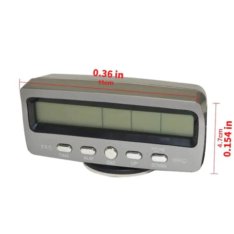 4 In 1 LED Car Monitor Clock Temperature Voltage Backlit Display 12V showing front view with measurement annotations.