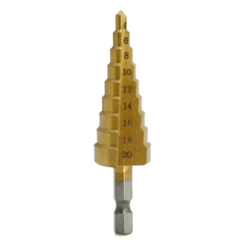 Three Piece Step Drill Bit Set That Rocks 4 12 20 32mm High Speed Steel Titanium Coated Hole Cutter for various materials.