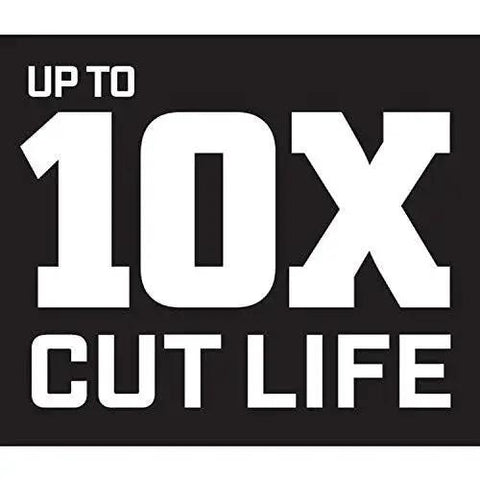 Black and white image text 'Up to 10x Cut Life' promoting durability of 9-3/4 Inch MetalMaster Compound Action Snips For Straight Left And Right Cuts With Yellow Ergonomic Handles, Precision Molybdenum Blades With Ground Edges And Serrations For Cutting Low Carbon Cold Rolled 18 Gauge Steel Crescent Wiss.