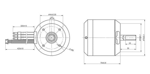 Technical diagram of the Beefy 7070 Offroad Electric Skateboard Motor With 4200W Peak Power 110Kv Sensored D Shaft 10Mm