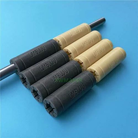 4 Pack 8x15x45mm Solid Polymer Linear Bearings LML8UU LM8LUU Bushing shown with a rod for Prusa Mendel DIY CNC Machines.