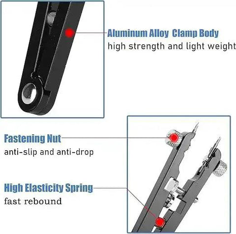 All-In-One Watch Spring Bar Removal Tool Set With Pliers And V Type Pins showing aluminum clamp, fastening nut, and spring features.