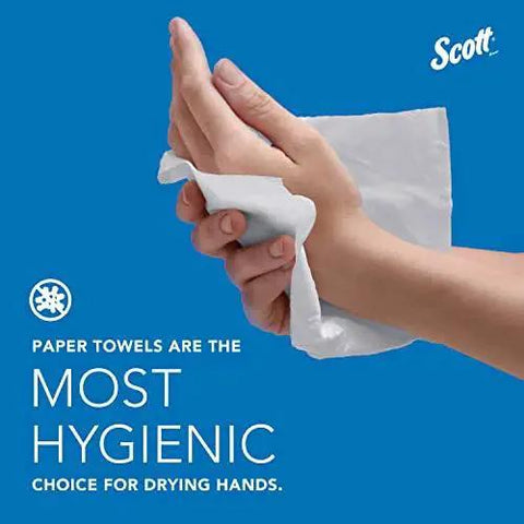 Hand drying with Universal Multifold Paper Towels 9.2x9.4 Inches Absorbency Pockets Bulk Case 4000 Sheets in blue background