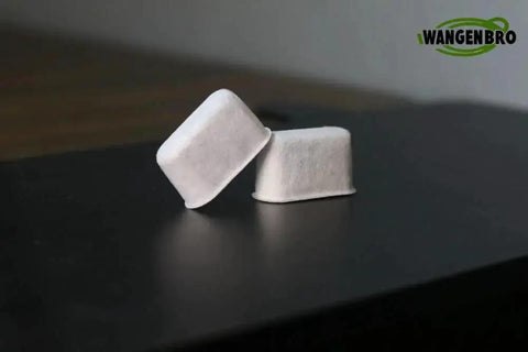 Activated charcoal water filter tablets for Delonghi espresso machines, two white cubes, with WANGENBRO logo.