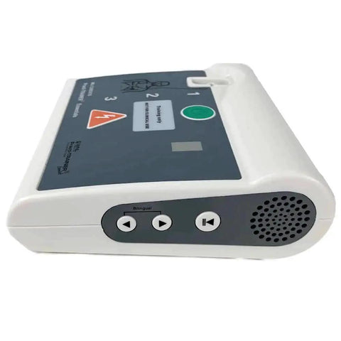 Side view of Practi Trainer Essentials AED Training Kit Base Model with reusable adult and child training pads for CPR and AED practice.