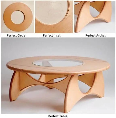 Wooden table with circular glass inset and arch design, highlighting perfect circle cut achieved with Circle Cutter Jig For Routers.