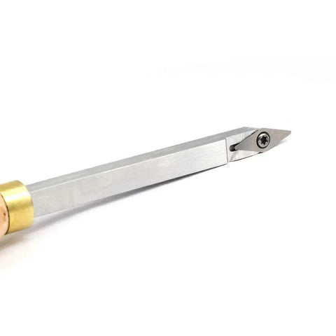 Pro Grade Mini Carbide Wood Turning Tools Set With Comfort Grip Handles For Small To Mid Size Projects Includes Diamond Round And Square Carbide Tips And Allen Key 3 Piece Kit By YUFUTOL showing close-up of a diamond-shaped carbide tip on tool.