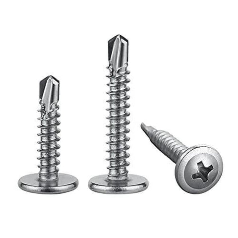 Three #8×3/4 in stainless steel self-tapping screws for sheet metal with truss heads (410 stainless).