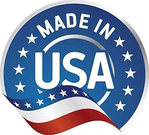 Made in USA badge with stars and waving red-white-blue ribbon.