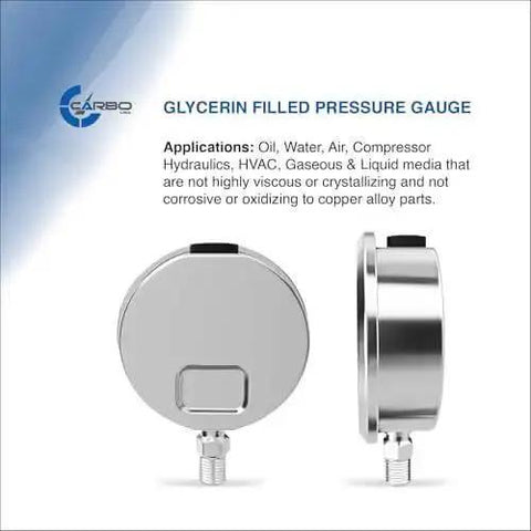 Glycerin Filled Pressure Gauge 4000 PSI With 2.5 Inch Dial, 1/4 NPT Lower Mount, 304 Stainless Steel Case, side view