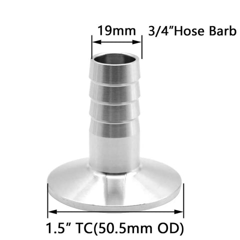 Two 1.5-inch tri-clamp to 3/4-inch hose barb fittings, 304 stainless steel sanitary hose adapters (pack of 2)