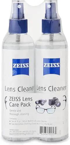 ZEISS Lens Care Pack Streak Free Spray And Microfiber Cloths For Glasses, featuring two 8 oz lens cleaner bottles.