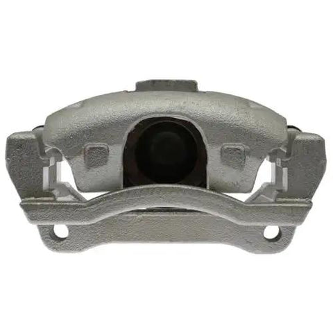 Front view: Raybestos Element3 brake caliper and bracket assembly, semi-loaded, metallic silver