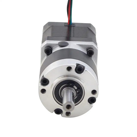 Front view of Nema 17 Stepper Motor With 39mm Length And 5 To 1 Planetary Gearbox shown with built-in shaft coupling for easy swaps.