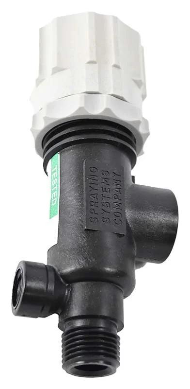 TeeJet 23120-1/2-PP manual pressure relief/regulating valve, white cap, black polypropylene body