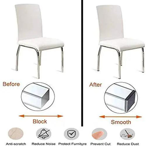 Comparison of metal chair legs with and without plastic plugs, showing the benefits of 8 Pack 2 Inch Square Plastic Plugs For Square Tubing Posts With Inside Diameter 1.85 To 1.90 Inches, Heavy Duty End Caps For 2x2 Inch Tubing, Flexible Retaining Ridges For Secure Fit.