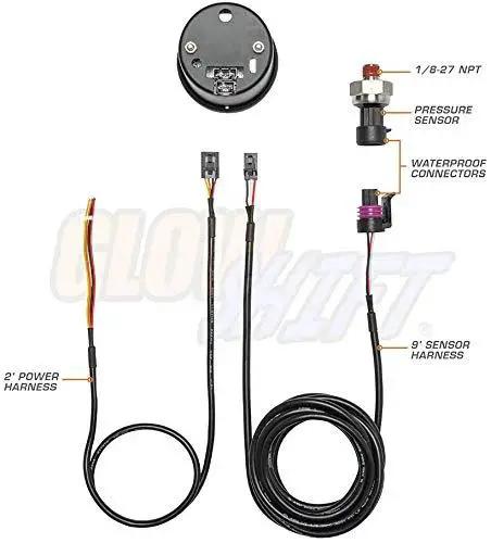 Seven Color Oil Pressure Gauge Kit For Cars And Trucks With Zero To One Hundred PSI Range, wiring and sensor components displayed