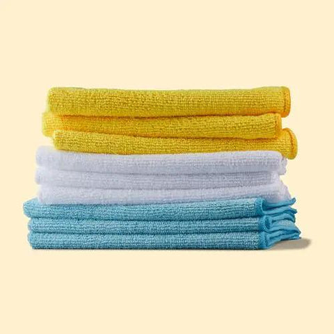Ultra Absorbent Microfiber Cleaning Cloths For Cars And Home Go To, 24 Pack, 16 By 12 Inches, Non Abrasive Lint Free Streak Free Reusable And Washable, Colorful Blue White Yellow, Amazon Basics, stacked colorful microfiber cloths.